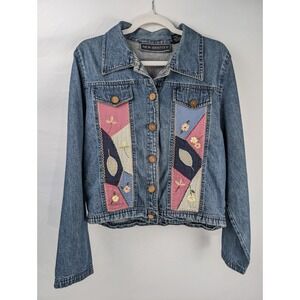 Vintage‎ Y2K Patchwork Floral Embroidered Denim Button Jacket Size L Cottagecore